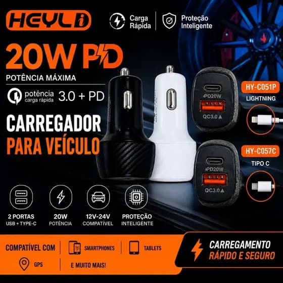 Carregador Veicular Rápido 20W USB Tipo-C PD QC3.0 para iPhone e Android 12-32V