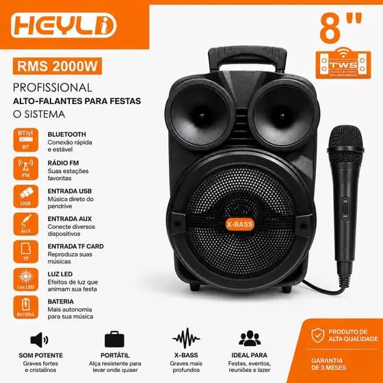 Caixa de Som Bluetooth Portátil 8 Polegadas 2000W RMS TWS USB FM Com Microfone Controle Remoto