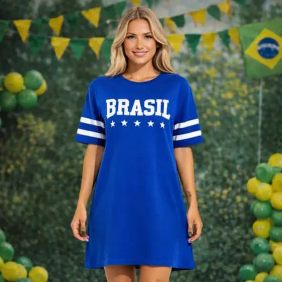 Camisetão Oversized Feminino Azul Brasil Algodão Moda Copa Casual P M G