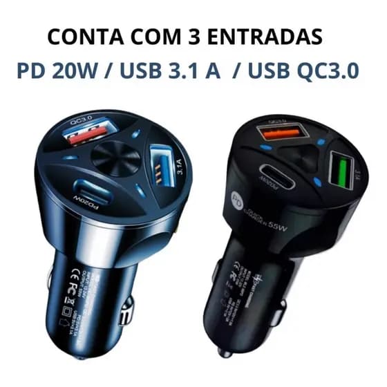 CARREGADOR VEICULAR TURBODRIVE 55W – 3 PORTAS | CARGA SUPER RÁPIDA