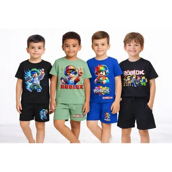 Conjunto Infantil Roblox Menino Camiseta e Bermuda Tecido Leve