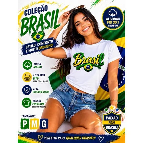 T-Shirt Feminina Brasil Cropped Premium Estampa DTF Camiseta Baby Look P M G