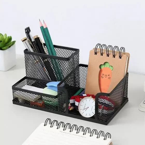 Porta Caneta Organizador De Metal Para Mesa Escritório Aramado Com Divisórias Multiuso