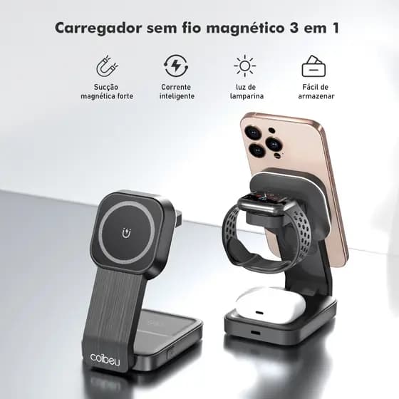 Magnético Carregador Por Indução Sem Fio Wireless Carga Rápida 15w Para iPhone Fones smartwatch 3 em 1 MagSafe Dobrável