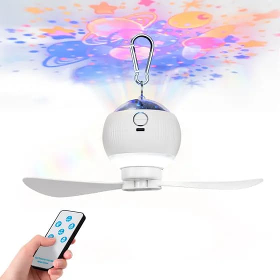 Ventilador 3 em 1 Portatil | Com Luz Noturna e Projetor | Para Berco, Barraca, Quarto Recarregavel Camping Controle USB
