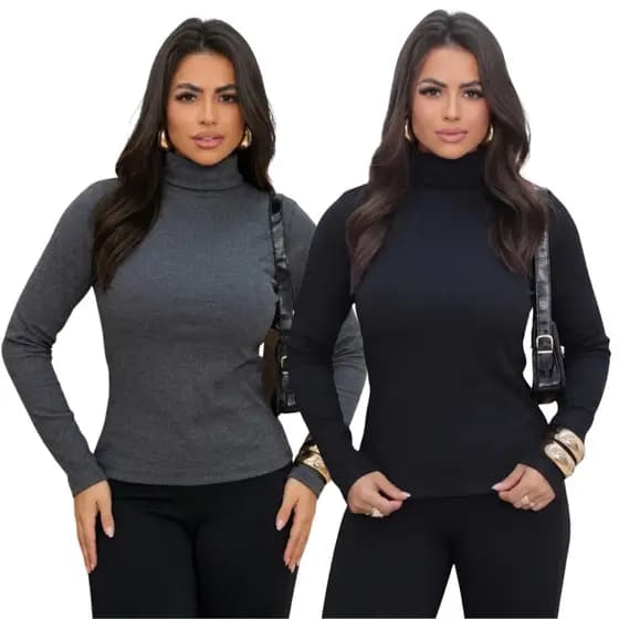 Kit 2 Cacharrel Caneladas segunda pele Blusa de Frio Sueter Gola Alta Manga Longa