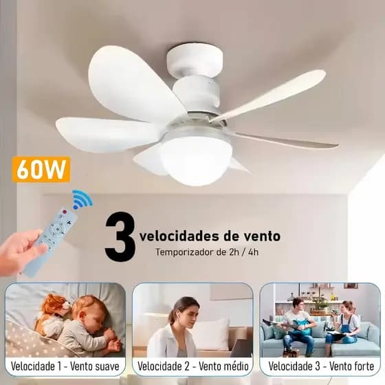 Ventilador de Teto 60W LED Lâmpada Controle Remoto Luminária Economica de Energia 6 lâminas Bivolt