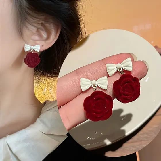 Brincos de camélia de veludo vermelho reunindo arco rosa natal estilo Hong Kong brincos