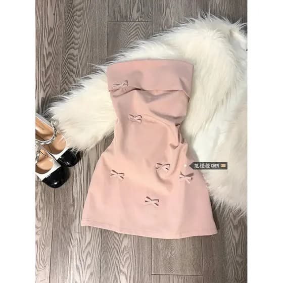 Estilo coreano rosa tridimensional Bowknot tubo vestido superior feminino primavera verão puro desejo estilo quente meni
