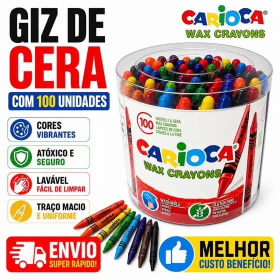 Giz de Cera 100 Cores Carioca Pote Escolar Infantil Atóxico Não Tóxico Desenho Colorir Criativo