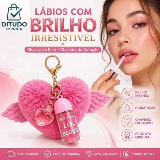Gloss Labial 3D Efeito Bocão Chaveiro Coração Com Pompom E Asinhas Brilho Labial Intenso Cosmético Boca Perfeita