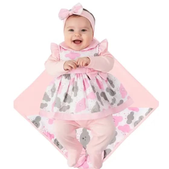 Saída Maternidade Vestido Bebê Menina Malha 100% Algodão 05 Peças