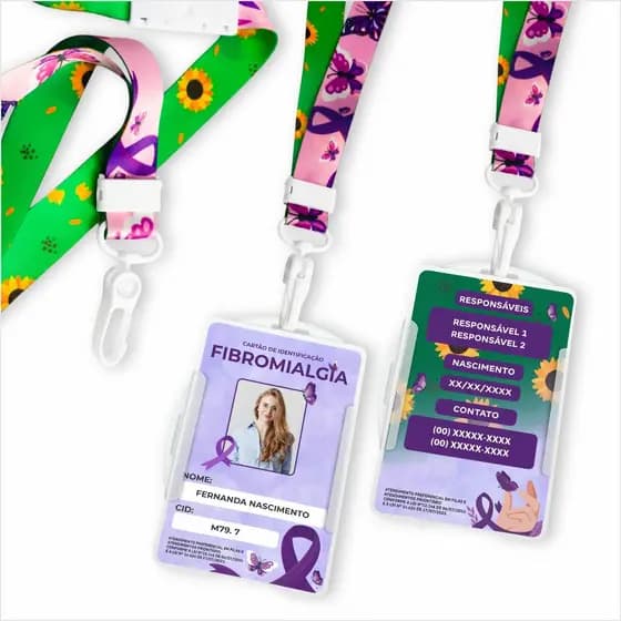 Kit Crachá Identificação PERSONALIZADO Fibromialgia + Cordão com Trava de Segurança + Porta Crachá