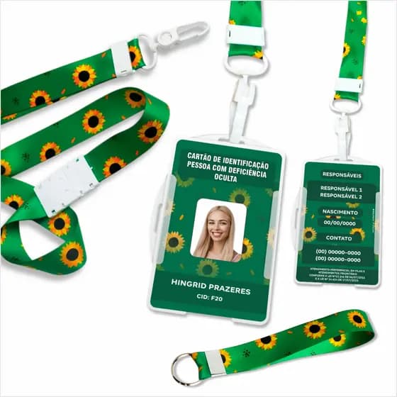 Kit Crachá de Identificação Girassol PERSONALIZADO + Cordão com Trava de Segurança + Chaveiro