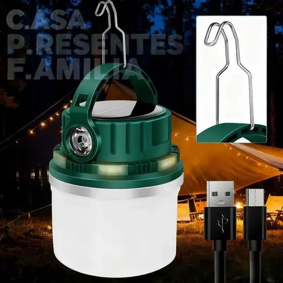 Luminária Solar/USB Recarregável 5 Modos - LED de Longa Duração para Acampamento e Pesca