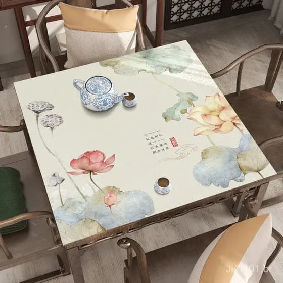 Toalha de mesa de couro com padrão de lótus estilo chinês, toalha de mesa quadrada, tapete para mesa de mahjong, tapete