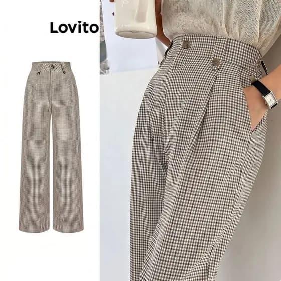 Lovito Calça Feminina com Pregas Frente Estampa Xadrez PTB70AD049