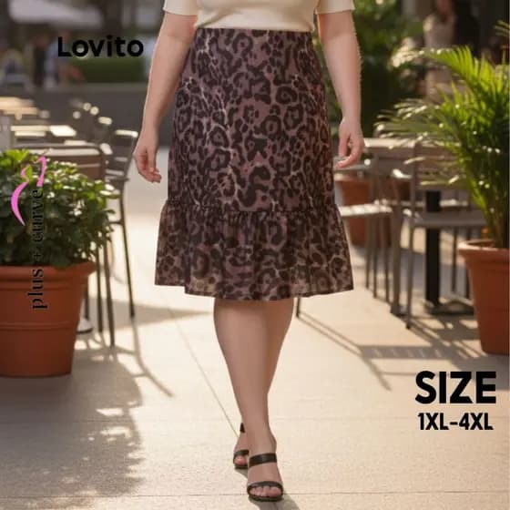 Lovito Saia Feminina Midi com Babado Barra Animal Print Plus Size SKB267BRL296