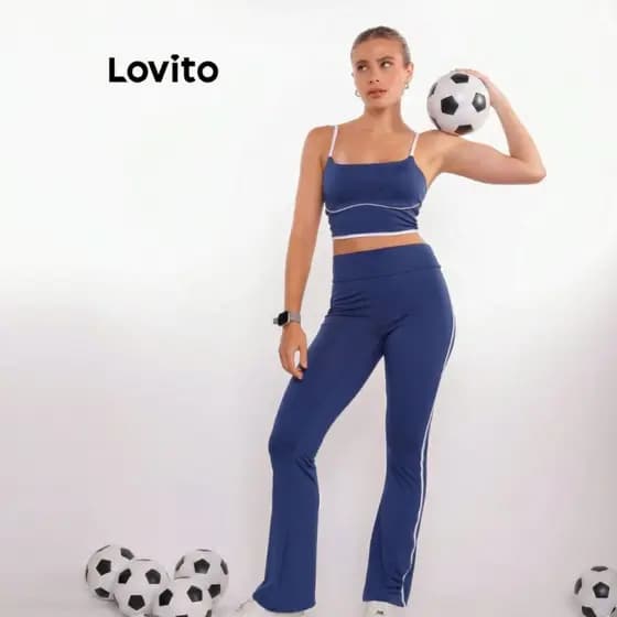 Lovito Calça Esportiva Feminina Flare com Contraste Lateral SPB17301760