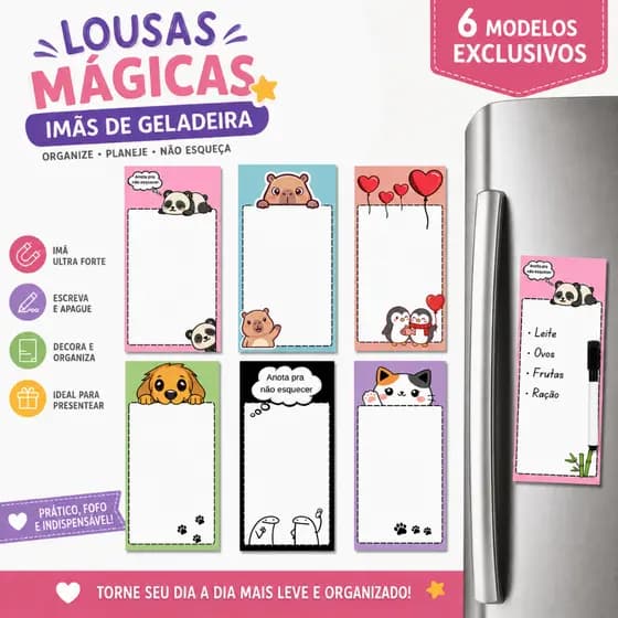 Imã de Geladeira Lousa Magnética Planner de Anotações Brinde Caneta Quadro Branco com Apagador e Imã Papelaria Criativa