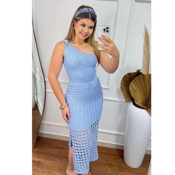 Conjunto Feminino Saia Midi Rendada com Forro e Cropped Detalhe No tricô Modal