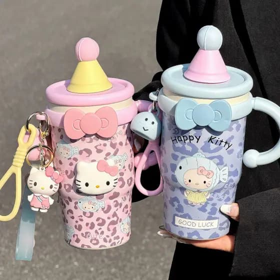 Copo Térmico Cute KT Cat de 600ml, Novo Copo de Café com Estampa de Leopardo de Alto Estilo, Copo de Mesa para Escritóri