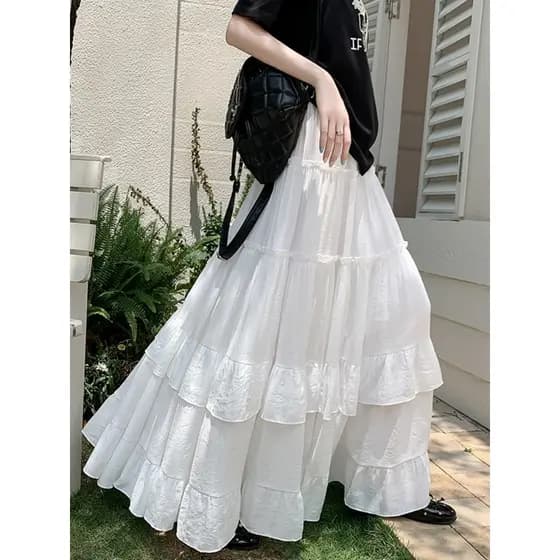 Saia de bolo branco com babados, saia de meio comprimento feminina, verão, saia longa plissada, cintura alta, drapeado,
