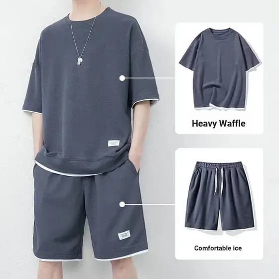 Waffle terno de seda gelo manga curta camiseta masculina esportes casuais roupas masculinas um conjunto com bonito meia