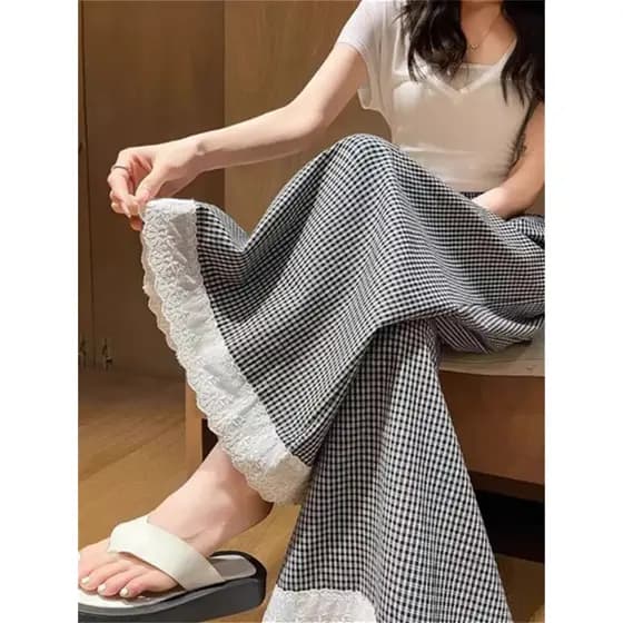 Um pouco gordo mm japonês renda xadrez calças de perna larga mulheres primavera tornozelo comprimento Culottes solto em