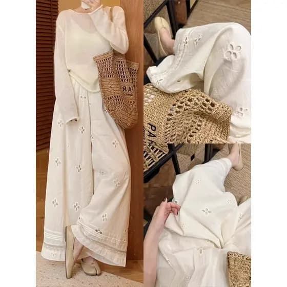 Fat mm estilo coreano oco renda costura calças de perna larga feminina primavera novo estilo cintura alta Design solto c