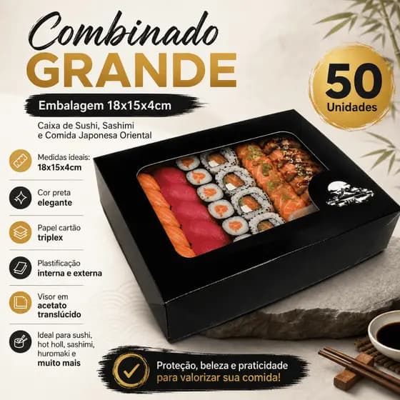 Embalagem Combinado Grande 18x15x4cm Caixa de Sushi Sashimi Comida Japonesa Oriental