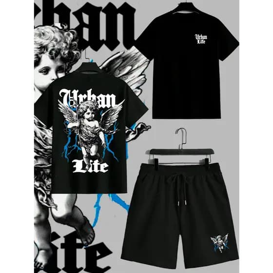 Conjunto Camiseta 30.1 + Bermuda Moletom Estampa Angel 03 streetwear Masculino