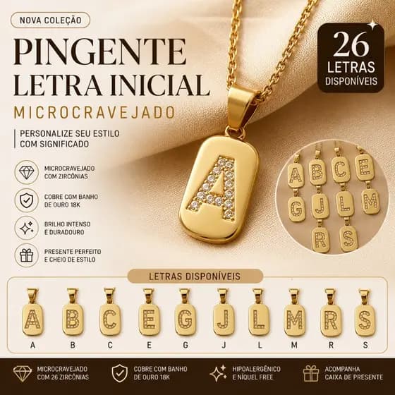 Escultura fina, pingente com letras douradas em zircão, alto brilho e durabilidade, exalando luxo