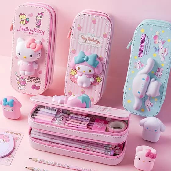Estojo de Lápis Sanrio PU de Grande Capacidade Kawaii Hello Kitty Cinnamoroll Melody Doraemon Ultraman Material Escolar