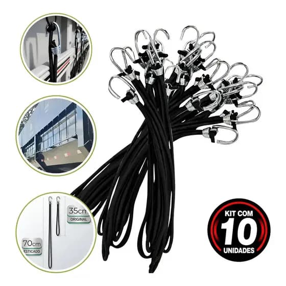 Kit 10 Extensores Elásticos 35cm para Lona Caminhão com Gancho Reforçado Estica até 70cm
