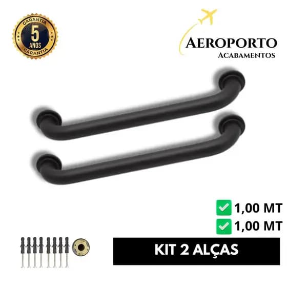 Kit 2 Alças de Apoio Corrimão 1 Metro Alumínio Preto Fosco – Pcd, Gestante e Idoso