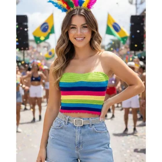 Cropped Virginia Tomara Que Caia Tricot Feminino Colorido Multicolor Listrado Top Tricô Verão