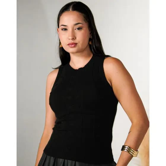 Blusa Feminina Tricot Regata Gola Redonda Sem Manga Tricô Moda Verão Básica Casual