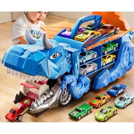 Brinquedo Caminhão Dinossauro Engolidor 2026 Porta-Carrinhos com 4 Carrinhos de Metal – Kit Infantil🦖🚚