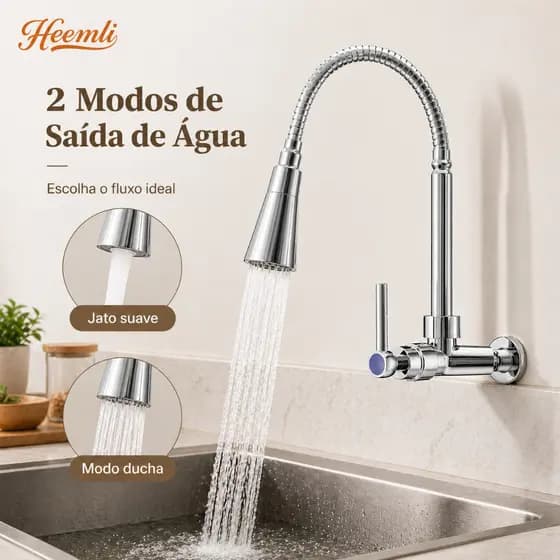 Heemli Torneira Gourmet Cozinha para Parede de Cozinha com Chuveiro Flexível 360° para Pia de Cozinha Gourmet Cromado