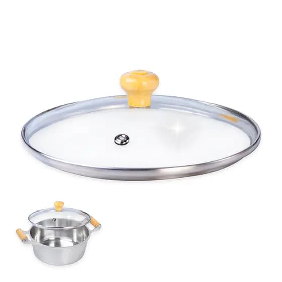 Tampa 24cm Vidro Temperado Borda Inox para Panelas e Frigideiras + Pomel Madeira
