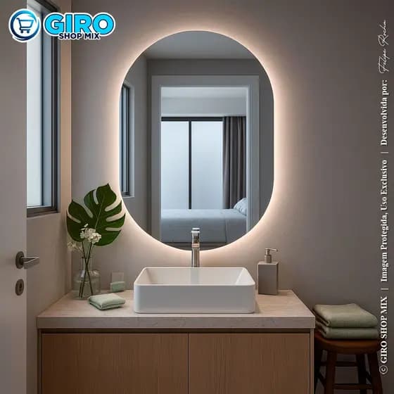 Espelho Oval Orgânico 40x50 cm com LED | Luz Quente ou Fria para Banheiro Sala Quarto