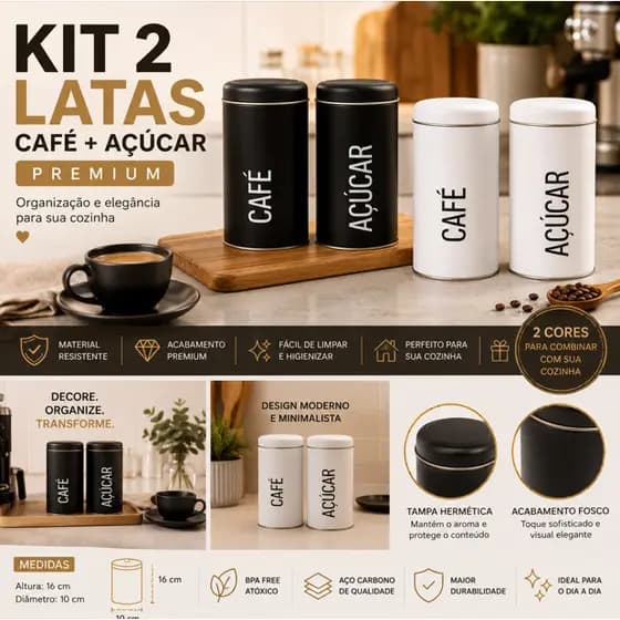Kit 2 Latas Café Açúcar Potes Organizadores Preto Branco Cozinha Moderna Decorativa
