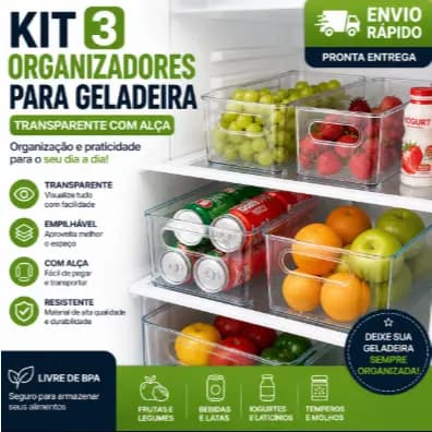 Kit 3 Organizadores Transparentes Para Geladeira Com Alça Multiuso Porta Latas Frutas Bebidas