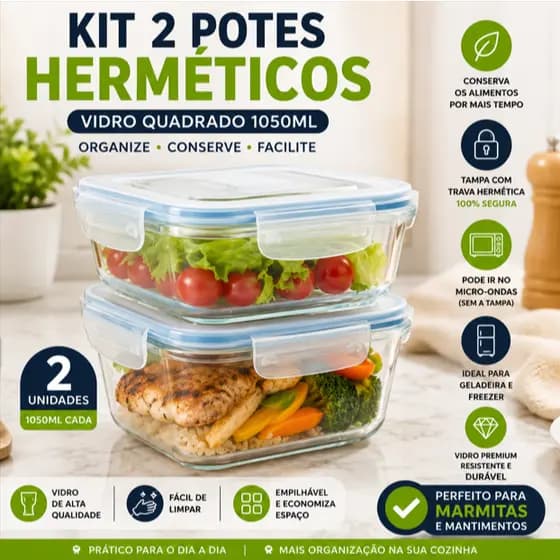 Kit 2 Potes Herméticos Vidro 1050ml Marmita Mantimentos Tampa Trava