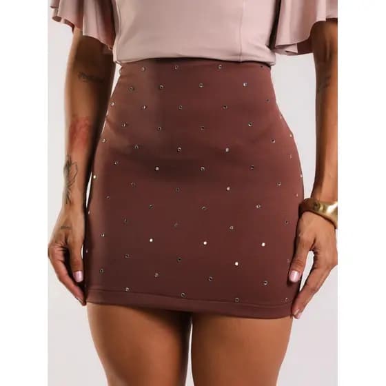 Saia Feminina Neoprene Pedraria Strass Brilhosa Estilosa Festa Balada Noite Modelo PDL