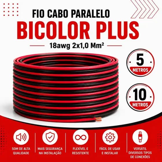 Cabo Bicolor automotivo 5 e 10 Metros 18awg 2x1,0 Mm2