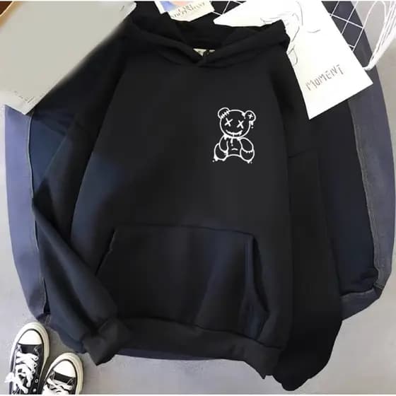 Blusa Moletom Canguru Feminino Unissex Flanelado Algodão Estampado Capuz Inverno Preto Urso