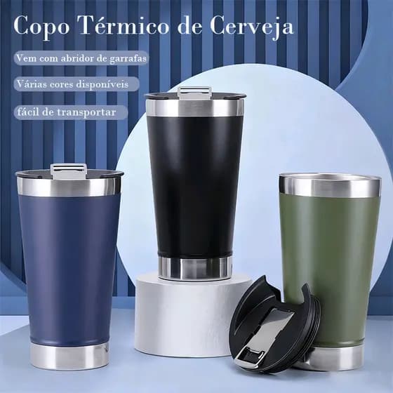 Copo Térmico de Cerveja 473ml Com Tampa e Abridor de Garrafas Para Cerveja / Refrigerante Alta Qualidade Copo Inox