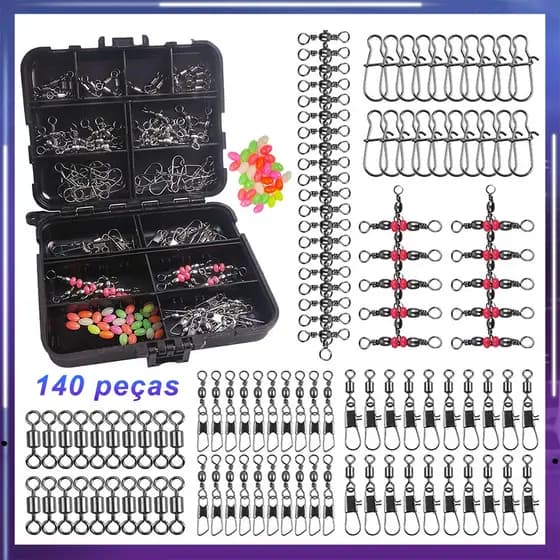 Kit de acessórios de pesca 140 peças, incluindo mosquetões giratórios, escorregadores, caixa de equipamentos de pesca